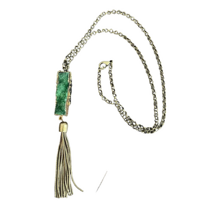 Vibrant Green Druzy Agate Gold Tone Bar Pendant Necklace with Fringe